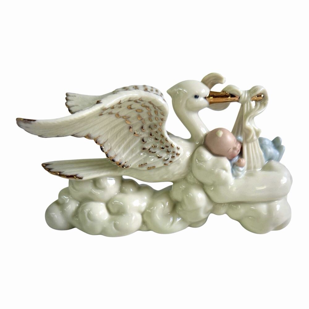 Lenox 1986 Our New Arrival Stork Figurine With Baby In Blue Porcelain Gold Trim